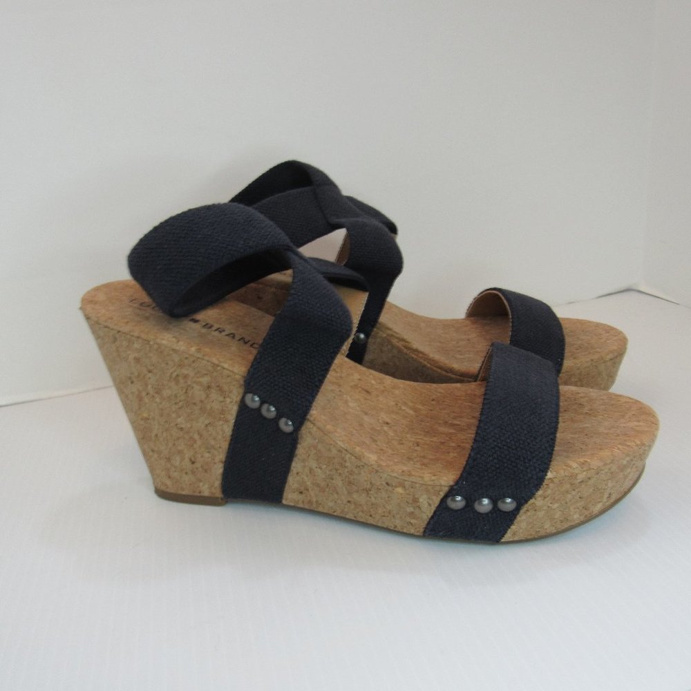 Lucky Brand Maxyne Blue Elastic Ankle Strap Cork Wedges